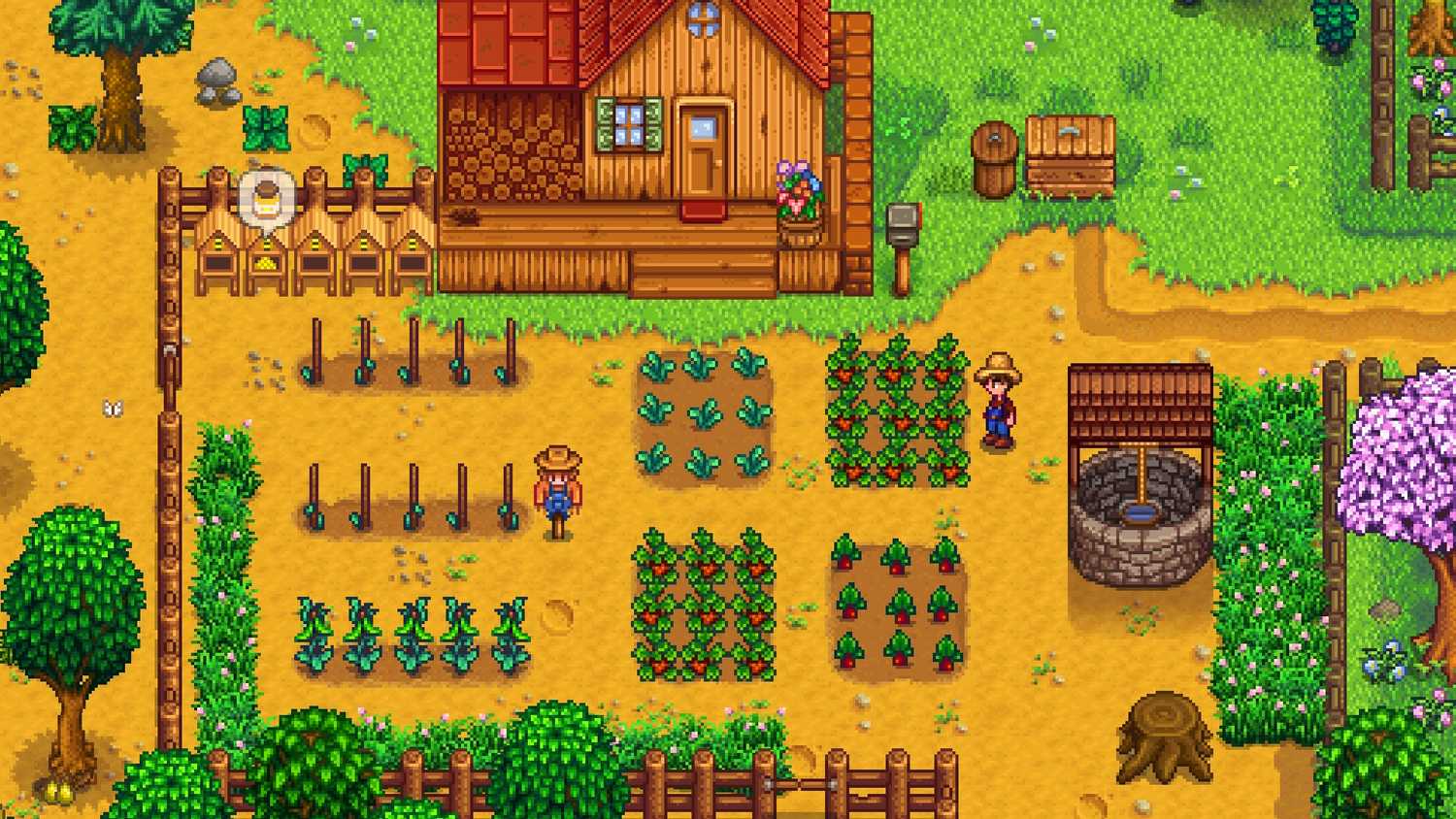 Screenshot of a farm from the video game Stardew Valley.