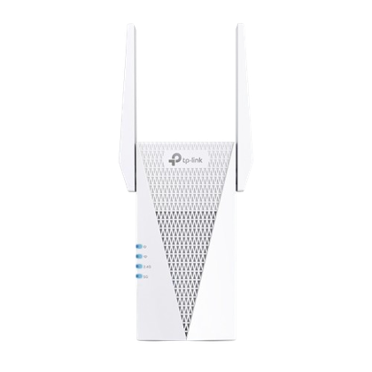 White TP-Link RE615X AX1800 Range Extender, front view