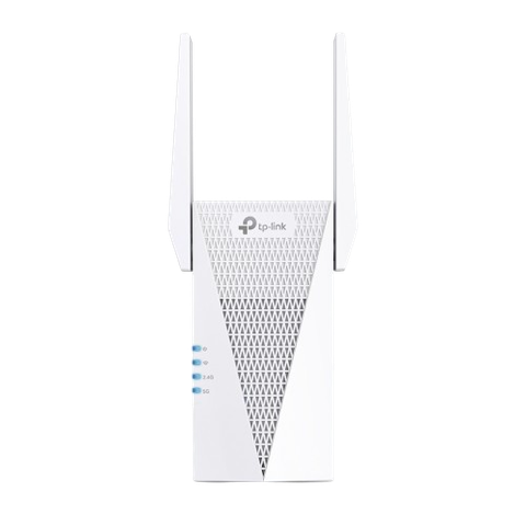 White TP-Link RE615X AX1800 Range Extender, front view