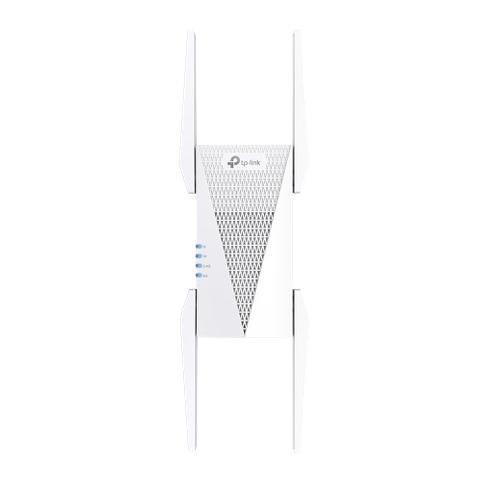 White TP-Link RE815X AX5400 tri-band range extender, front view