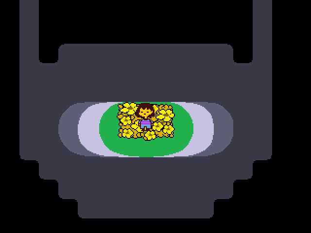A character sitting in a bed of flowers in a scene from Undertale.