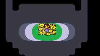 A character sitting in a bed of flowers in a scene from Undertale.