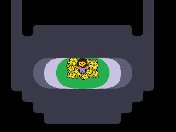A character sitting in a bed of flowers in a scene from Undertale.