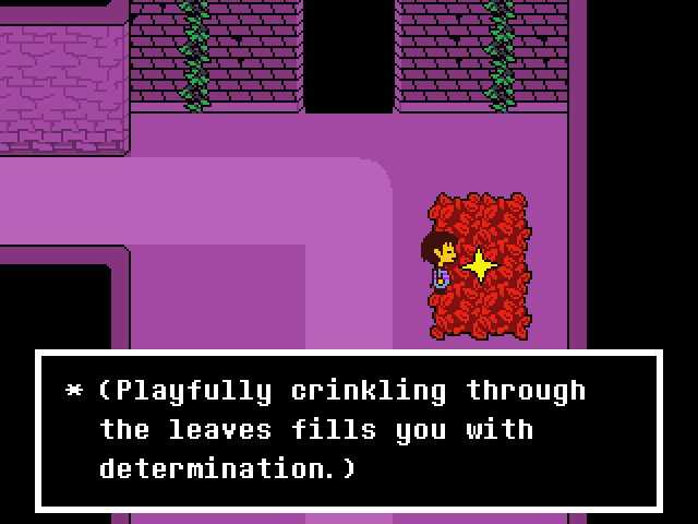 A character navigating a game board, going through leaves in the game Undertale.