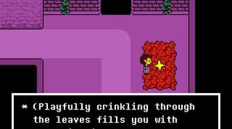 A character navigating a game board, going through leaves in the game Undertale.