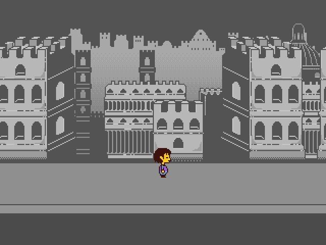 A young boy character walking along a grey path in the game Undertale.