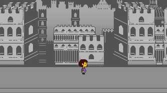 A young boy character walking along a grey path in the game Undertale.