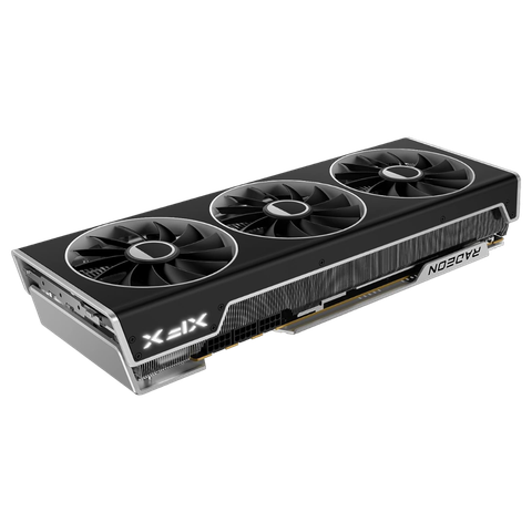 render of an xfx speedster merc310 amd radeon rx 7900xtx graphics card seen from an angle