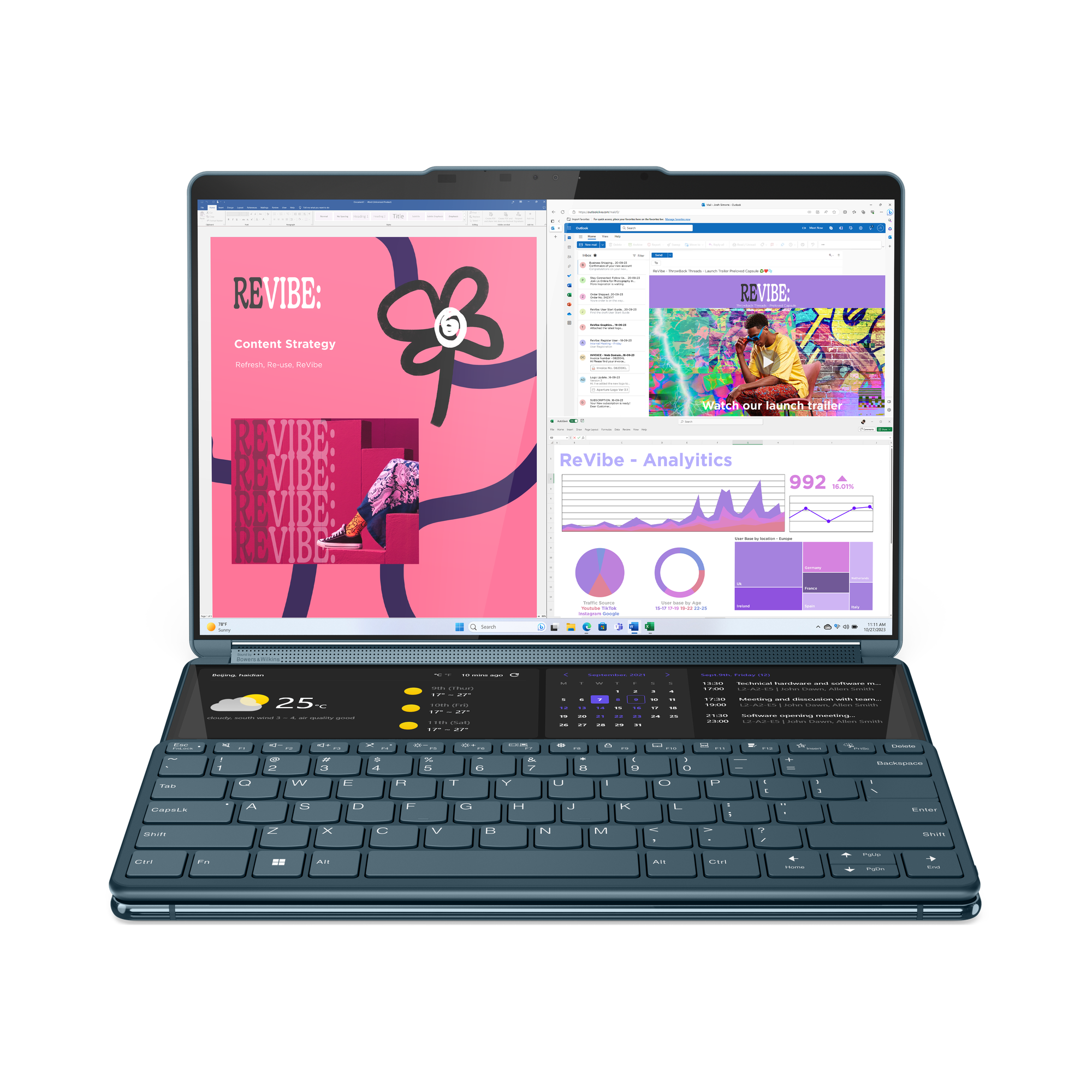A photo of the Yoga Book 9i with the keyboard attached to the bottom screen