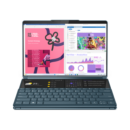 A photo of the Yoga Book 9i with the keyboard attached to the bottom screen