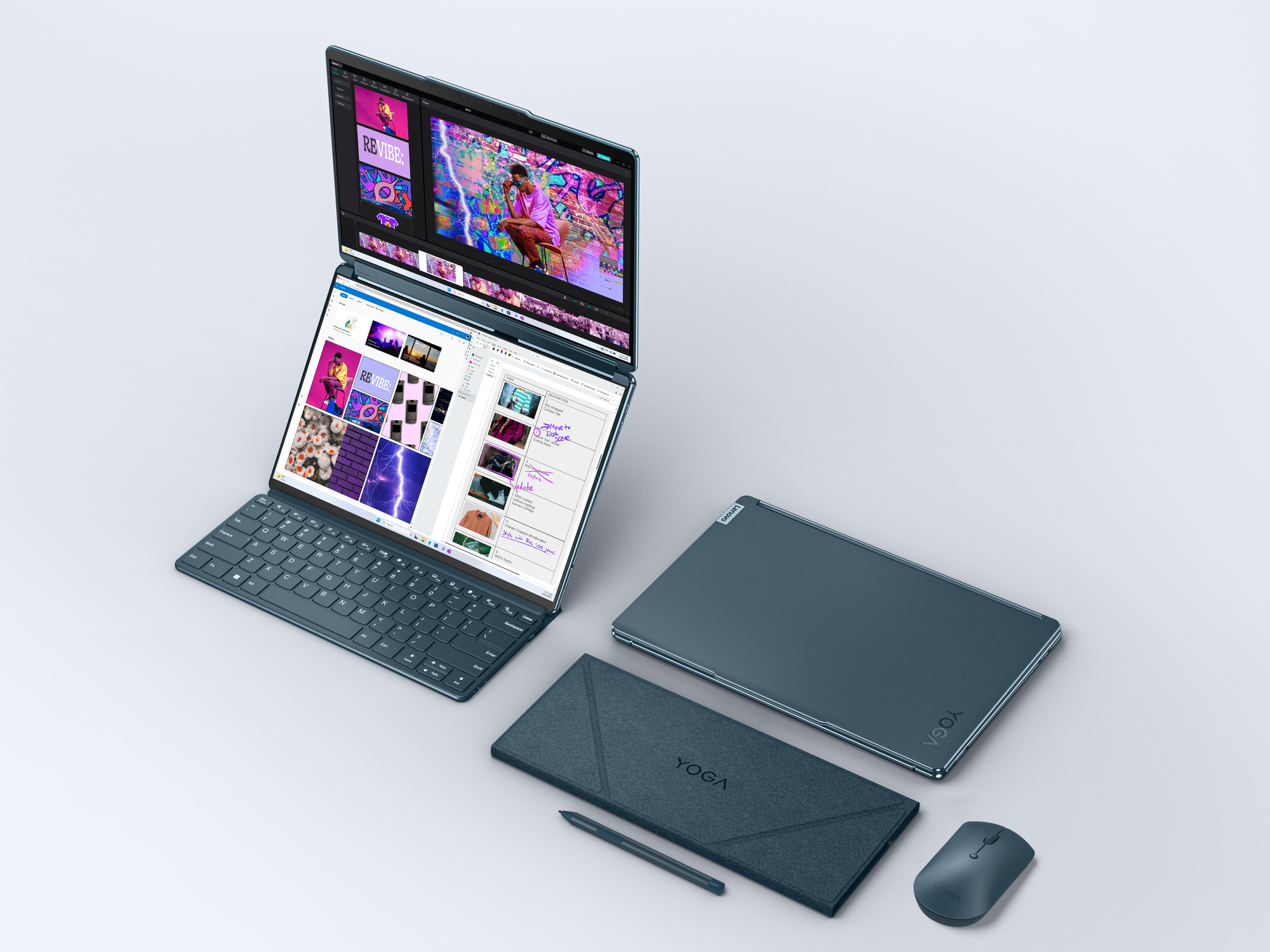 A photo of the Yoga Book 9i with all the accessories and the screen open in the vertical mode