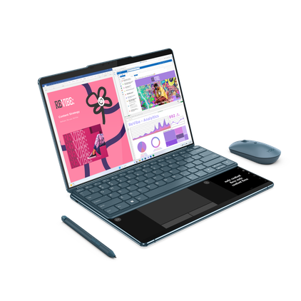 A photo of the Yoga Book 9i and the handwriting panel on the keyboard with mouse and pen accessories