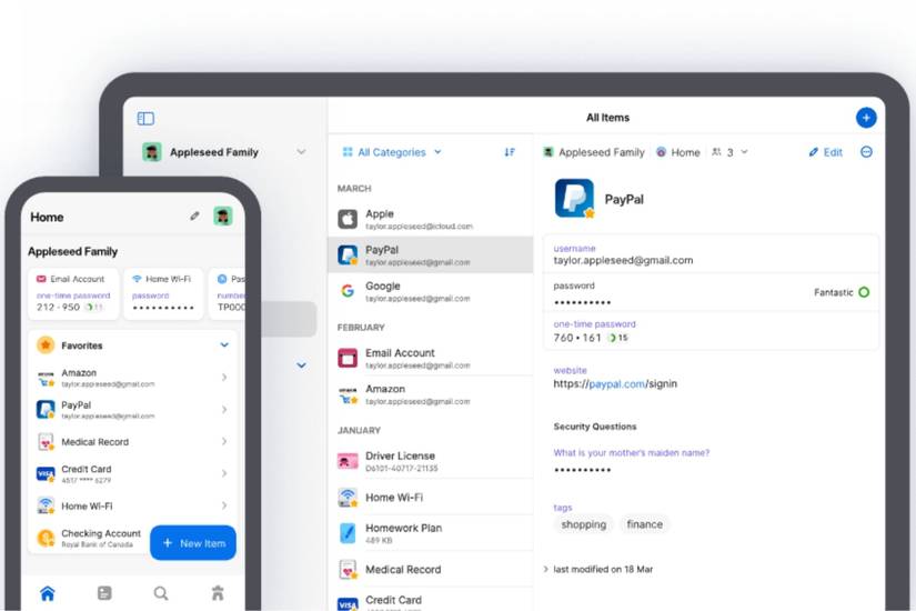 A render showing 1Password app running on a mobile phone and a table.