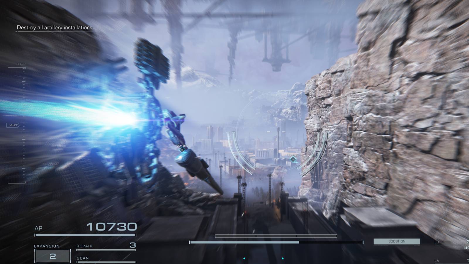 An in-game screenshot of Armored Core 6 depicting motion blur