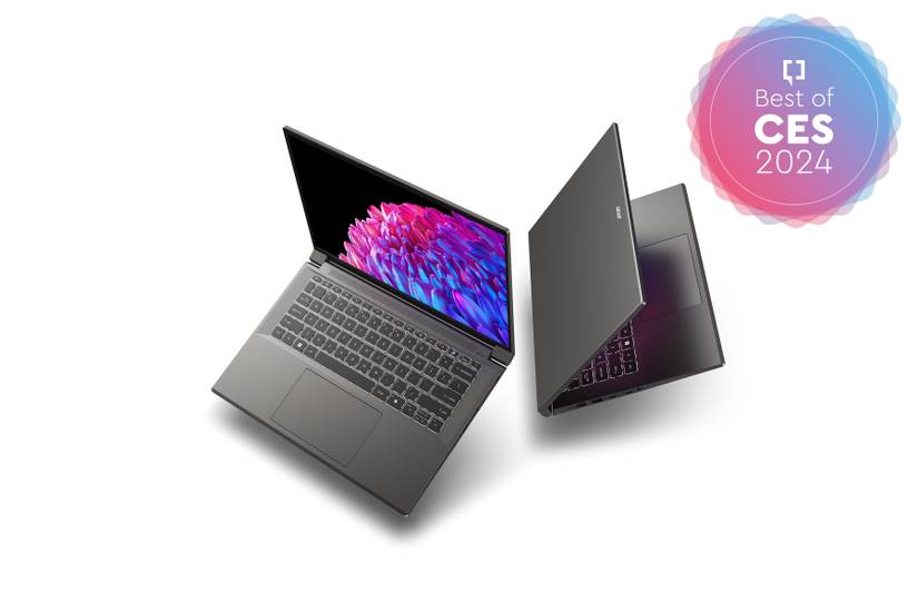 Two Acer Swift X laptops showing the inside and outside of the chassis