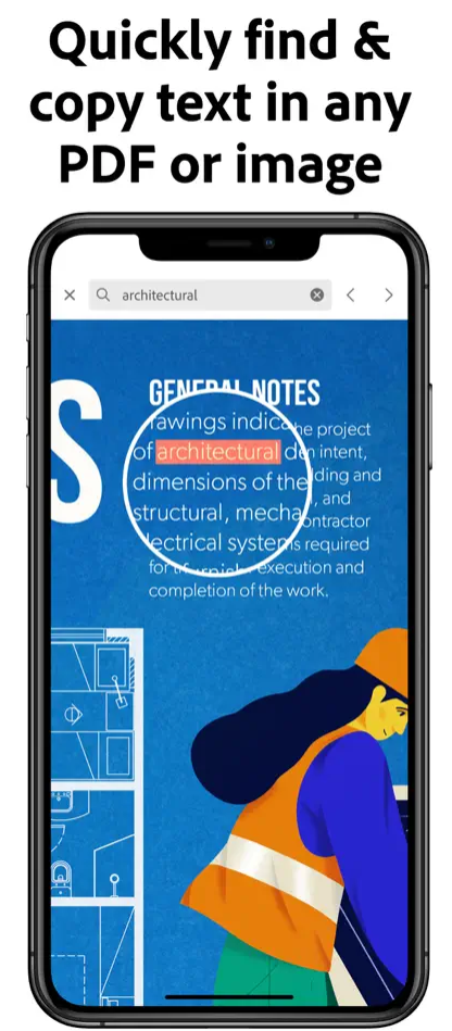 Copying and finding text in the Adobe Acrobat Reader app.