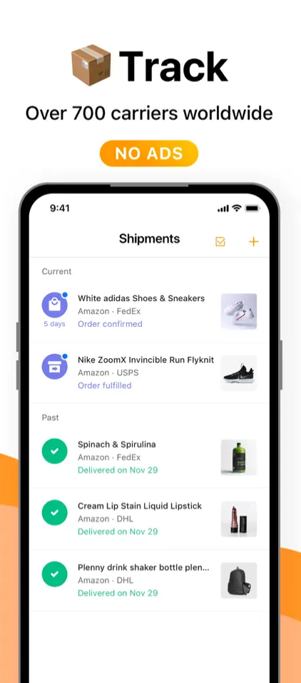 A list of packages and tracking numbers in the AfterShip app. 