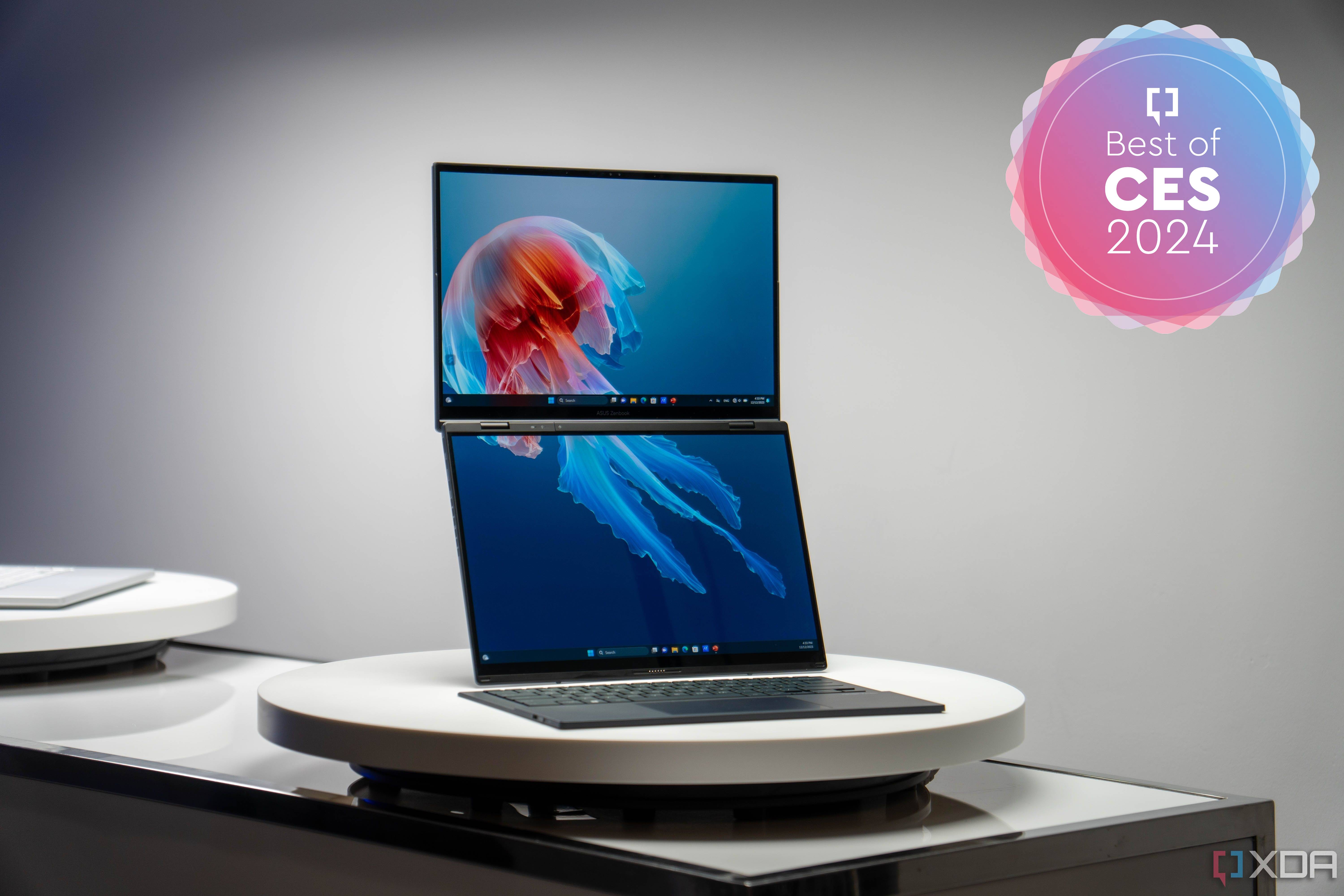 Asus Zenbook Duo with two screens stacked vertically and a wireless keyboard in front of it