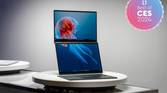 Asus Zenbook Duo with two screens stacked vertically and a wireless keyboard in front of it