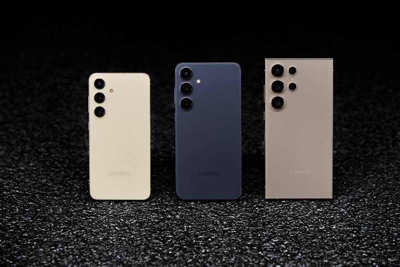 The Samsung Galaxy S24 (left), S24+ (middle), and S24 Ultra (right)