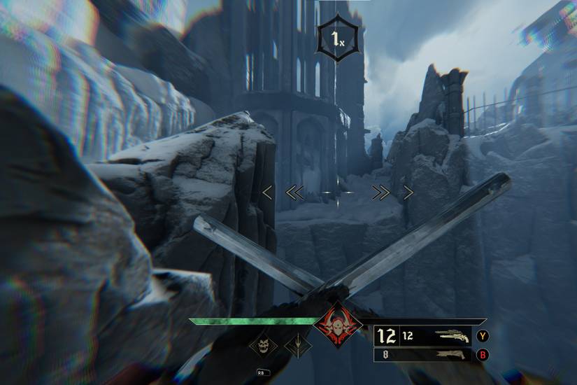 A screenshot of Metal: Hellsinger depicting the film grain filter