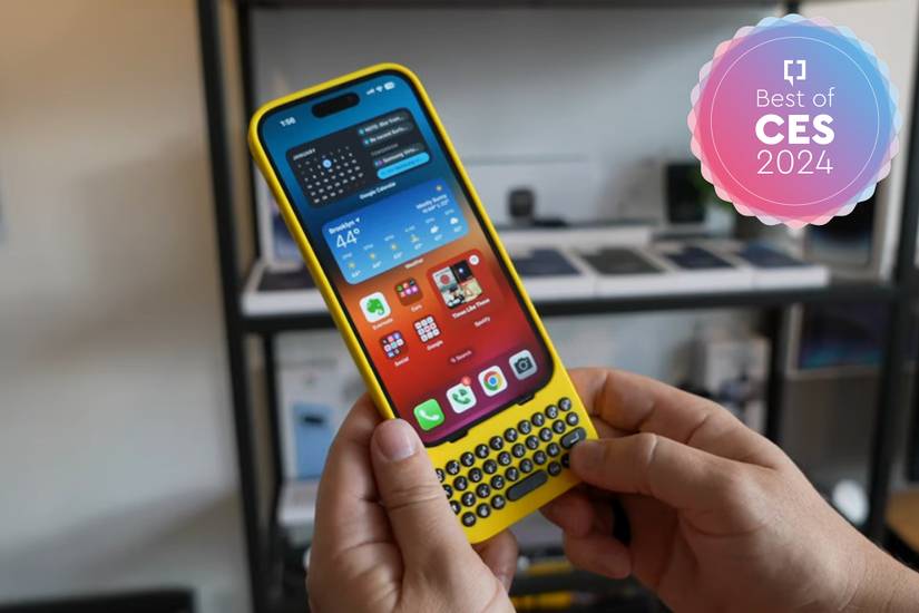 An iPhone with the Clicks keyboard case