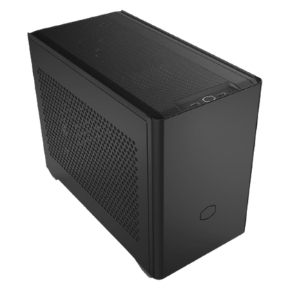 render of a black cooler master nr200 chassis shown from a top angle