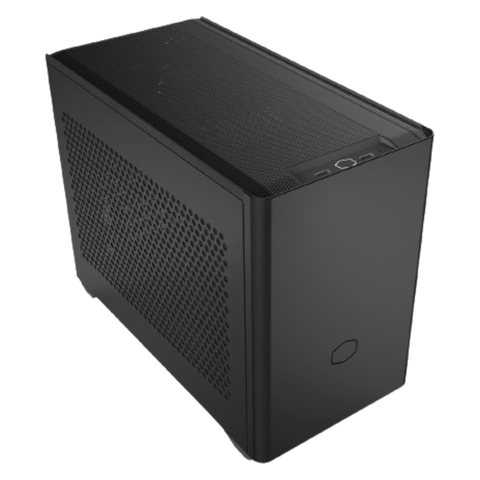 render of a black cooler master nr200 chassis shown from a top angle