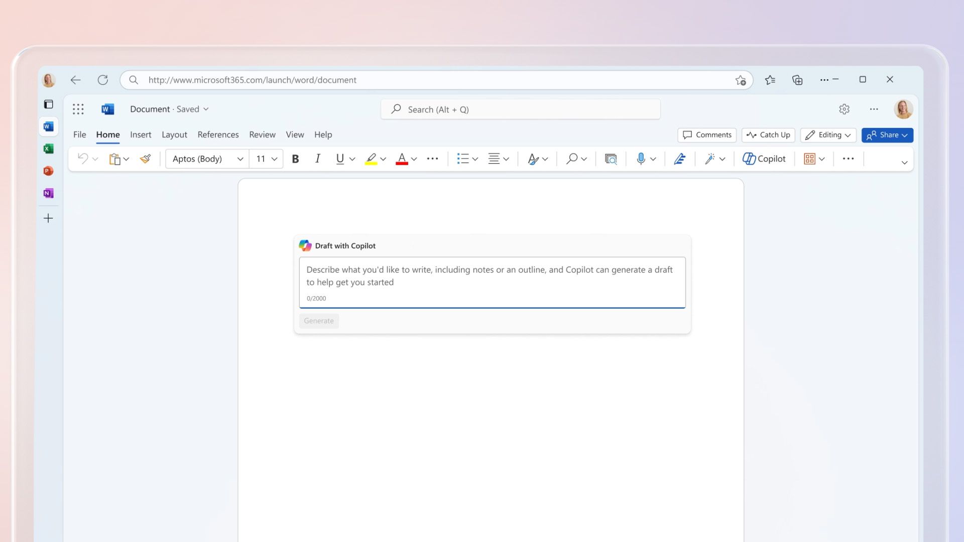 Screenshot of Microsoft Word on the web with a Copilot prompt to begin writing