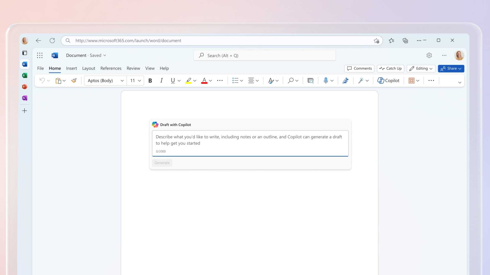 Screenshot of Microsoft Word on the web with a Copilot prompt to begin writing