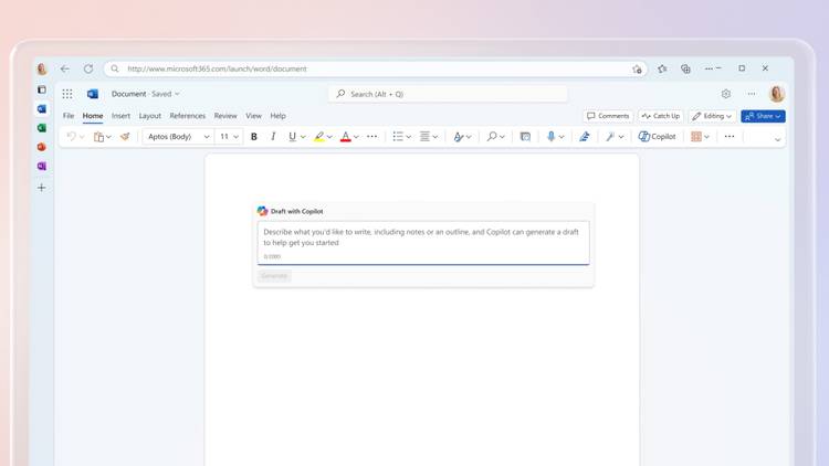 Screenshot of Microsoft Word on the web with a Copilot prompt to begin writing