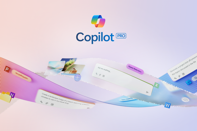 Copilot Pro logo with a wavy effect under it showing different Copilot capabilities