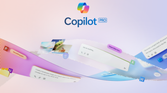 Copilot Pro logo with a wavy effect under it showing different Copilot capabilities