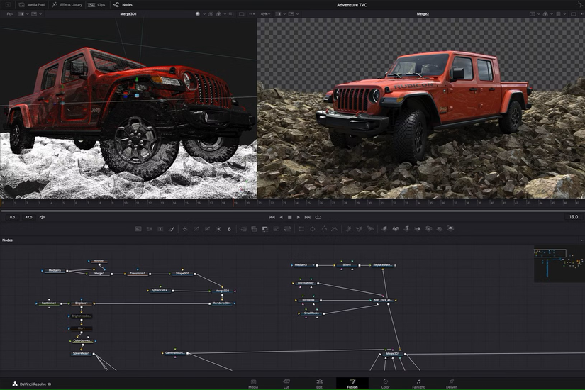     DaVinci Resolve showing 3D renderings of a jeep in 3:2 aspect ratio