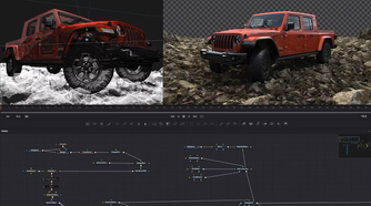 DaVinci Resolve showing 3D renderings of a jeep in 3:2 aspect ratio