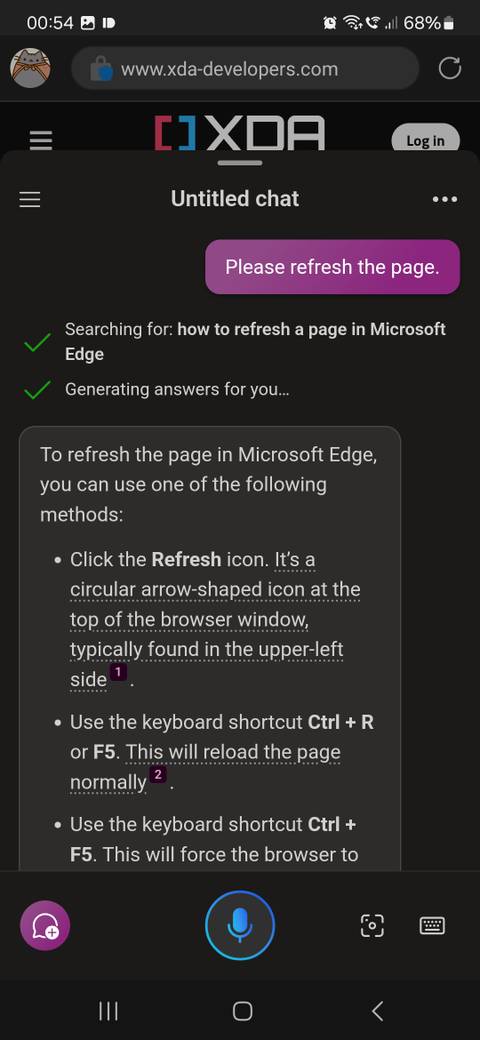 Copilot saying it cant refresh a page