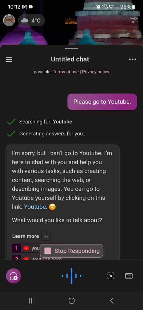Copilot saying it cant go to YouTube