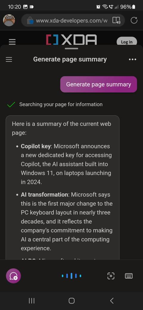 Copilot summing up a webpage