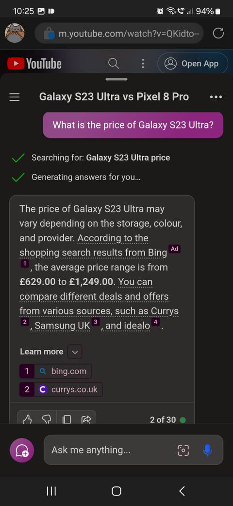Copilot detailing the price of a Galaxy S23 Ultra