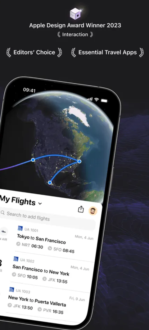 A list of flights in the Flighty app.