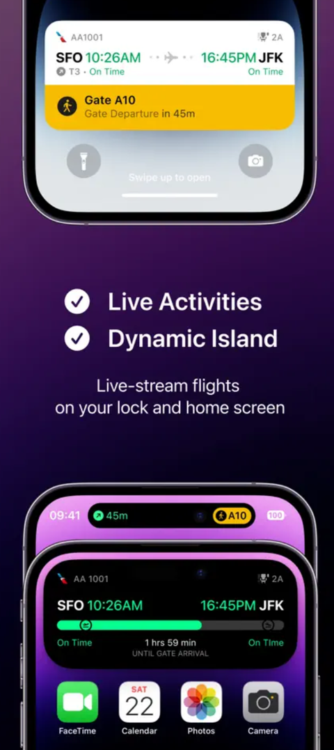 Flighty flight trackers in the Dynamic Island and in Live Activities.