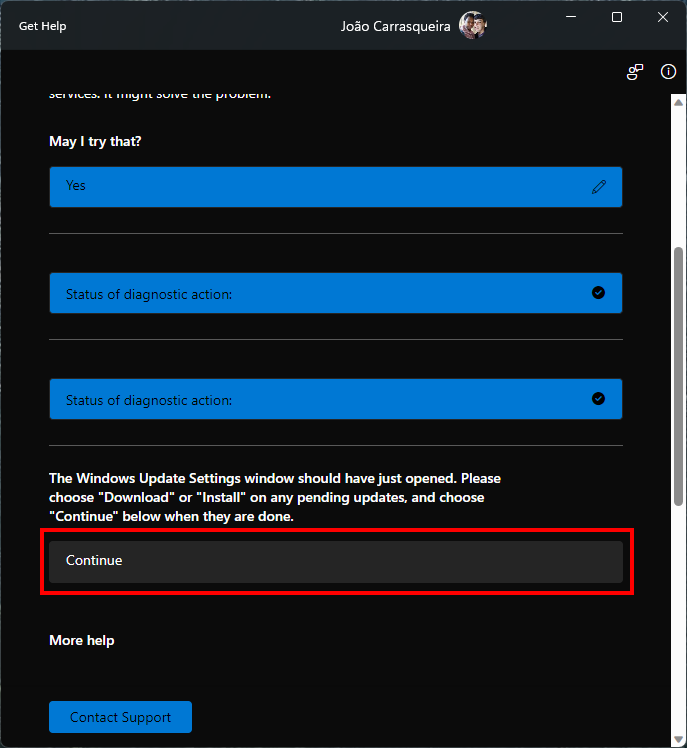 Screenshot of Get Help app after attempting to solve a Windows Update issue. A Continue button is highlighted.