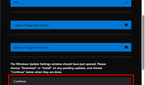 Screenshot of Get Help app after attempting to solve a Windows Update issue. A Continue button is highlighted.