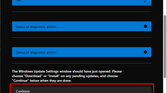 Screenshot of Get Help app after attempting to solve a Windows Update issue. A Continue button is highlighted.