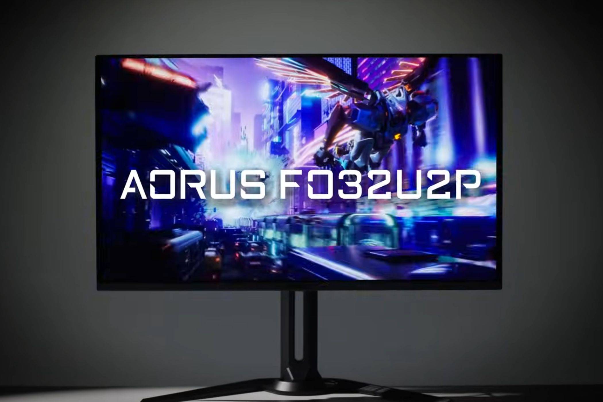 A render showing the Gigabyte Aorus FO32U2P gaming monitor.