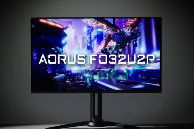 A render showing the Gigabyte Aorus FO32U2P gaming monitor.