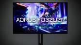 A render showing the Gigabyte Aorus FO32U2P gaming monitor.