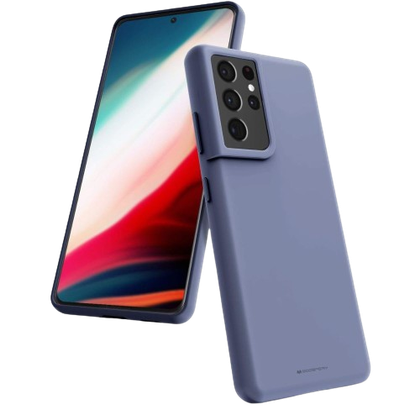 A render showing the GOOSPERY silicone case installed on a Galaxy S21 Ultra.