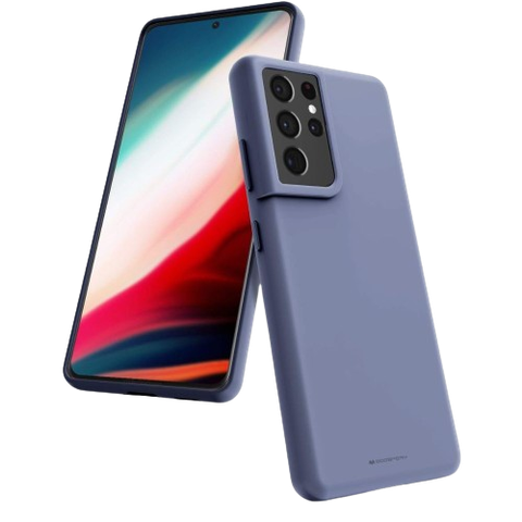 A render showing the GOOSPERY silicone case installed on a Galaxy S21 Ultra.