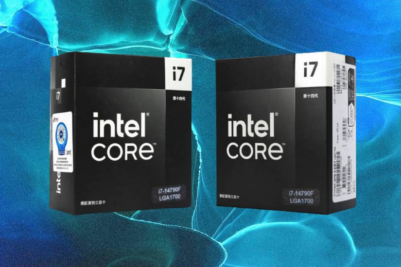 Two retail boxes of the Intel Core i7-14790F Black Edition CPU next to each other on blue abstract backgroun